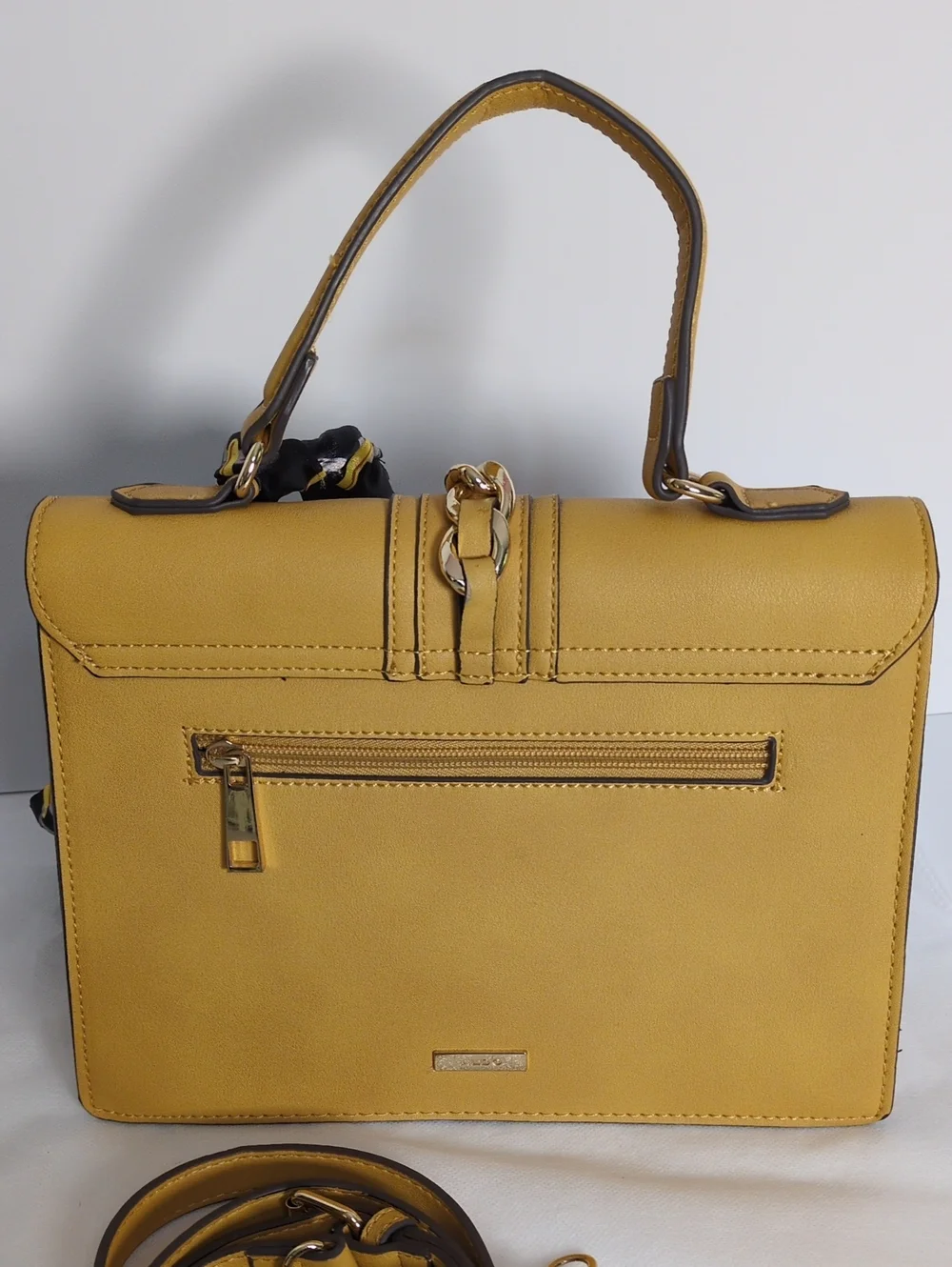 ALDO Mustard Yellow Top Handle Satchel Crossbody Bag with Chain Scarf Detail